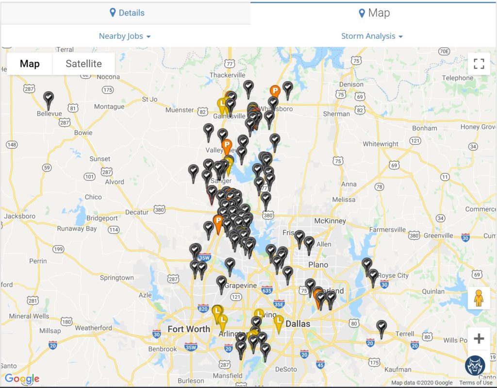 North Texas Roofer, jobs map showing jobs all over North Texas, Gainesville, Lake Kiowa, Denton, Corinth, Dallas, Argyle, Pilot Point, Sanger, etc.
