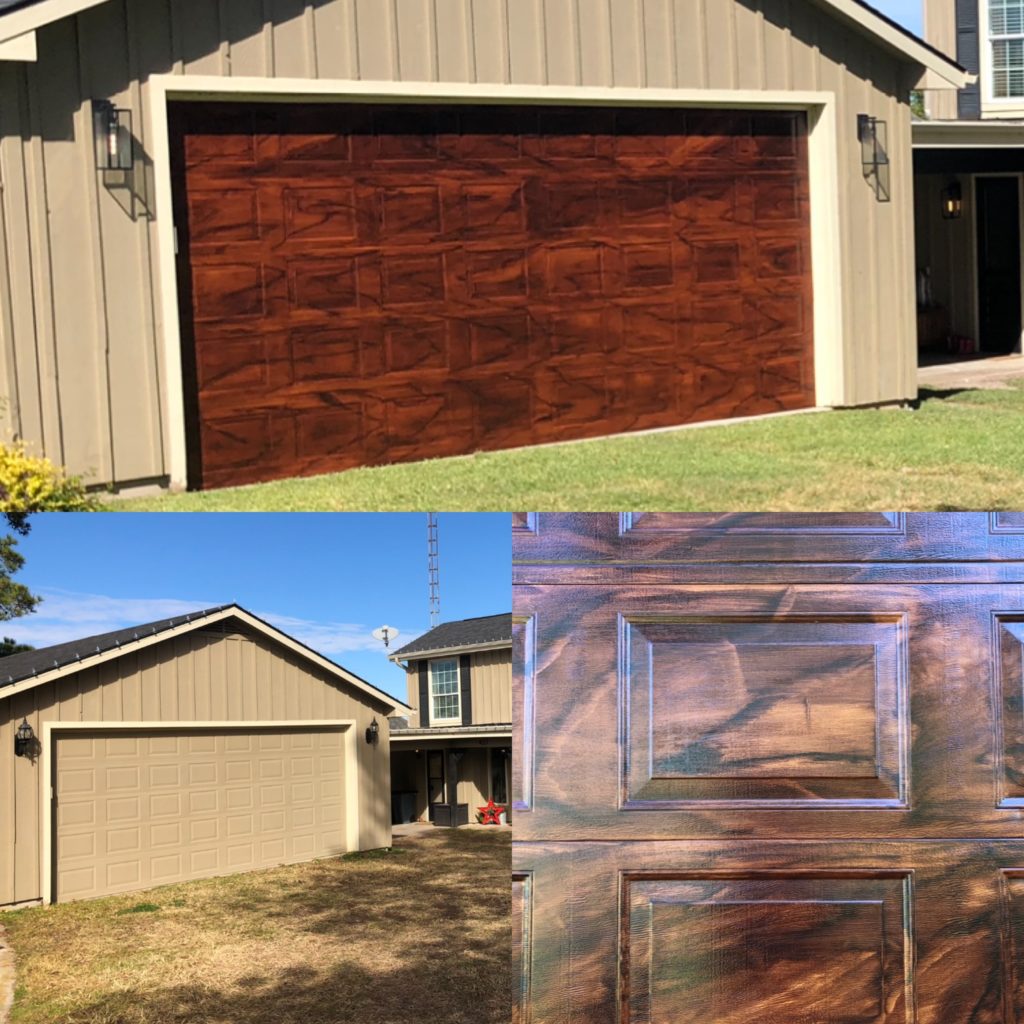 Faux Wood Garage Door before, after, and up close